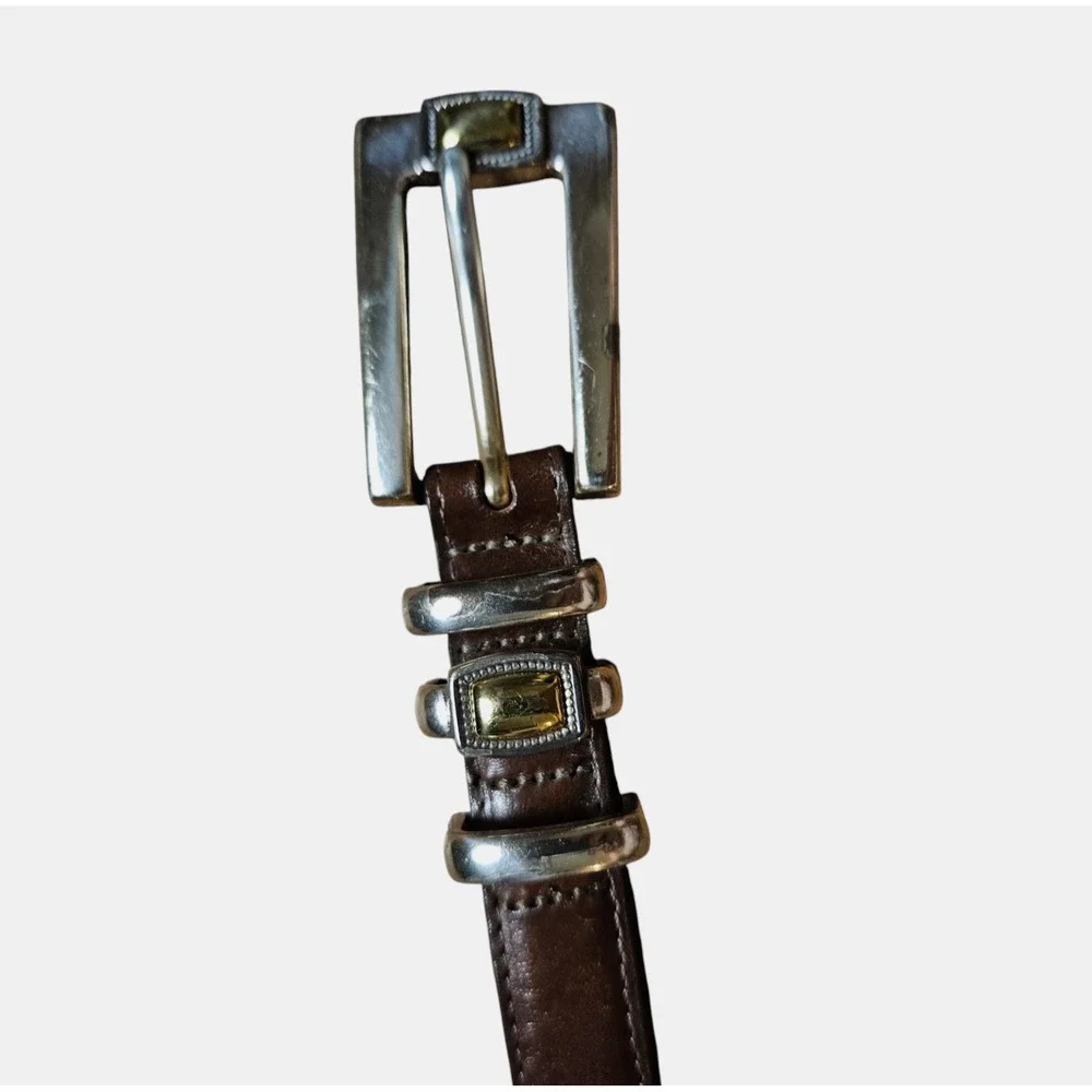 Brighton 4A308 Silver Gold Buckle Leather Western Belt Brown L/34 Boho Southwest